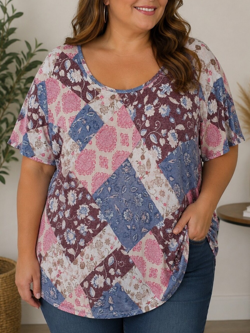 Women's Short Sleeve Patchwork Print Tee - Pink Blue